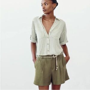 Zara White Shirt with Olive Green Stripes